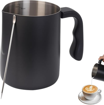 Milk Frothing Pitcher, 32OZ/1000ML Stainless Steel Coffee Frother Cup - Espresso Steaming Pitcher with Latte Art Pen for Barista-Style Coffee Making & Milk Frothing
