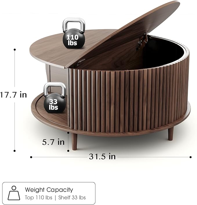 Round Coffee Table with Storage, Mid Century Modern Center Table with Sliding Cabinet Door, Fluted Dining Table for Living Room, Home Small Space, 31.5", Walnut