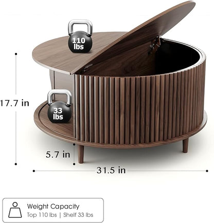 Round Coffee Table with Storage, Mid Century Modern Center Table with Sliding Cabinet Door, Fluted Dining Table for Living Room, Home Small Space, 31.5", Walnut