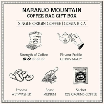 Bacha Coffee | Naranjo Mountain Costa Rica Single Origin, 100% Arabica Specialty Coffee Beans, Medium Dark Roast, x12 Individually Wrapped Single Serve Filter Bags