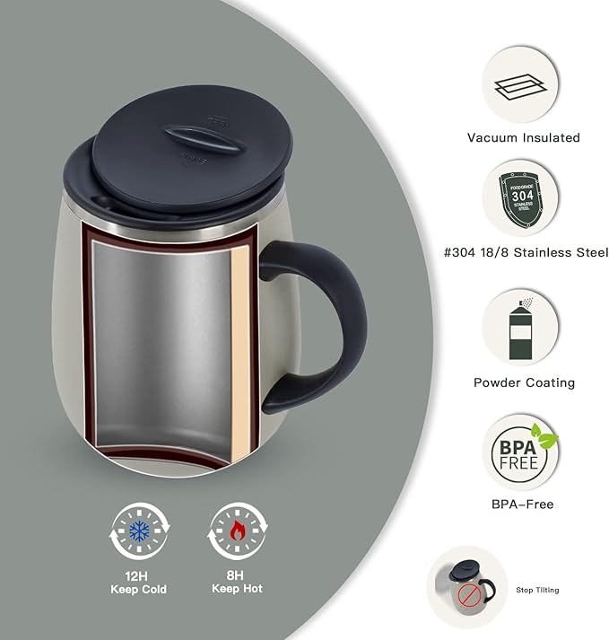 Ideus 16 oz (470 ml) Insulated Coffee Mug with Handle and Lid, Double Wall Stainless Steel Vacuum Thermal Coffee Mug, Travel Coffee Cup Thermal Cup for Home and Office (Mars Celadon)
