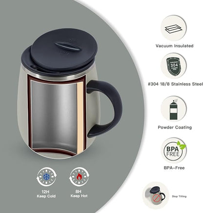 Ideus 16 oz (470 ml) Insulated Coffee Mug with Handle and Lid, Double Wall Stainless Steel Vacuum Thermal Coffee Mug, Travel Coffee Cup Thermal Cup for Home and Office (Mars Celadon)