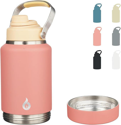 BJPKPK 64oz Insulated Water Bottles, Dishwasher Safe Half gallon Water Bottle with Metal Handle, BPA Free Spout Lid & Detachable Bowl, Large Stainless Steel Jugs, Pink