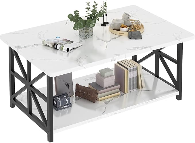 AWQM Faux Marble Coffee Table for Living Room with Round Corners,2 Tier Living Room Table with Storage Shelf,Rectangular Coffee Table Center Table for Small Spaces,White