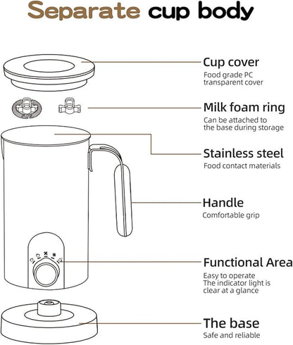 Milk frothing machine，Automatic milk frother，Electric for Hot & Cold Froth, Froth Or Heat Milk，Multifunctional milk frother，Automatic off & Easy Cleaning, Silent Operation (White)