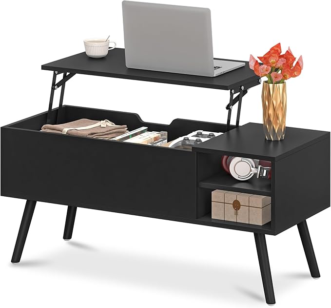 ALINE FURNITURE Black Lift Top Coffee Table with Hidden Storage Compartment, Solid Wood Legs & Open Shelves - 40" Pop Up Coffee Tables for Living Room