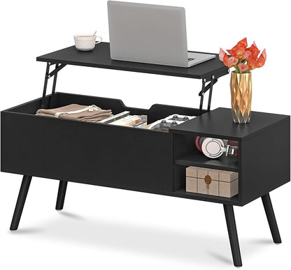 ALINE FURNITURE Black Lift Top Coffee Table with Hidden Storage Compartment, Solid Wood Legs & Open Shelves - 40" Pop Up Coffee Tables for Living Room