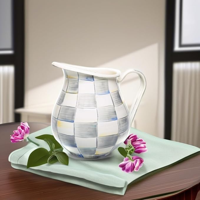 MACKENZIE-CHILDS Enamel Pitcher with Spout for Water, Cut Flowers, and Home Decor, 3 Quarts, Gray-and-White Sterling Check