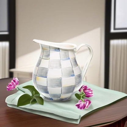 MACKENZIE-CHILDS Enamel Pitcher with Spout for Water, Cut Flowers, and Home Decor, 3 Quarts, Gray-and-White Sterling Check