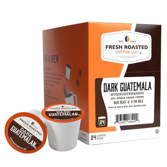 Fresh Roasted Coffee, Dark Guatemala Huehuetenango, Dark Roast, 24 Pods for K Cup Brewers