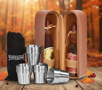 POUR & GARNISH Bourbon Whiskey & Wine Double Bottle Travel Bag with 4 Stainless Steel Double-Walled Vacuum Insulated Glasses - Makes a Great Gift!