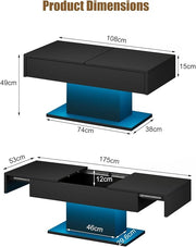 Black LED Coffee Table with Storage for Living Room, Living Room Table Rectangular Center Table, Modern High Glossy Wooden Coffee Tables for Dining Reception Room