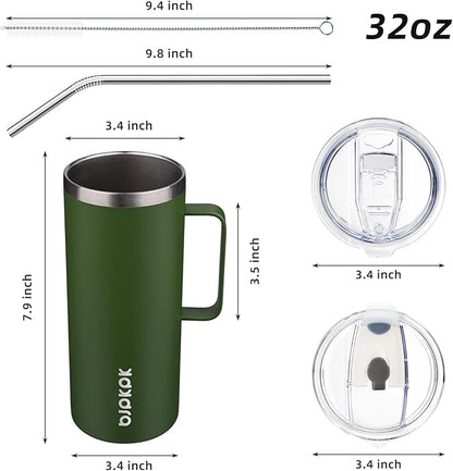 BJPKPK Insulated Coffee Mug with 2 Lids, 32oz Stainless Steel Insulated Tumbler with Handle, Double Wall Vacuum Coffee Cups, BPA Free Travel Mug for Coffee, Tea and Drinks, Forest Green