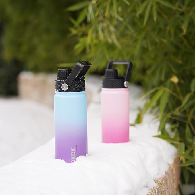 BJPKPK 2 Pack Insulated Water Bottles with Straw Lids, 18oz Stainless Steel Metal Water Bottle with 6 Lids, Leak Proof BPA Free Jugs, Cups, Flasks for Travel, Sports (Cherry+Ocean Dream)