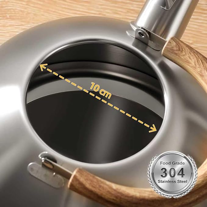 Tea Kettle, 18/8 Stainless Steel Whistling Teapot, 4.23 Quart Camping Tea Kettle for Stovetop, Water Coffee Pot with Anti-Hot Wood Handle (4L,Silver)