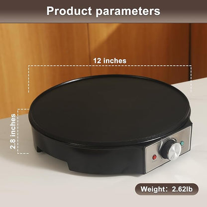 Electric Crepe Maker 12'' & Griddle - Non-Stick Pan With Spreader for Roti, Tortilla, Blintzes, Pancakes - Adjustable Temperature, 1000W
