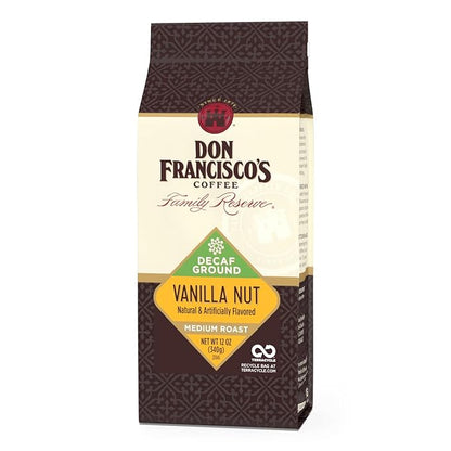 Don Francisco's Premium Decaf Vanilla Nut Flavored Ground Coffee: 99.7% Caffeine-Free, 100% Arabica Beans, Rich Aroma, Perfect for Drip, Pour-Over, and French Press (12 oz Bag)