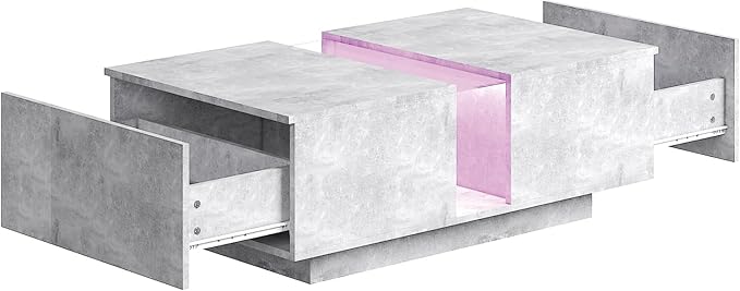 Grey Led Coffee Table for Living Room, Rectangular Living Room Table with Storage, Acrylic Coffee Tables with 2 Sliding Drawers, Wood Center Table for Reception Dinning Room