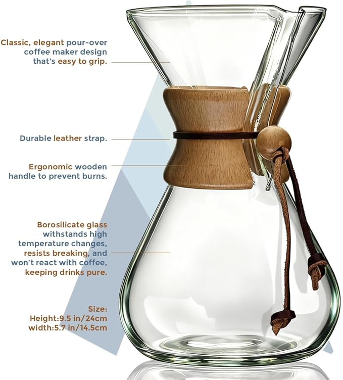 AGOGO Pour Over Coffee Maker Glass - 6/8/10 Cup Barista Kit with 304 Stainless Filter for Home, Office, Camping, Cafes - Easy Clean Coffee Dripper Set (Rag&Brush Included) (10 Cup/34oz)