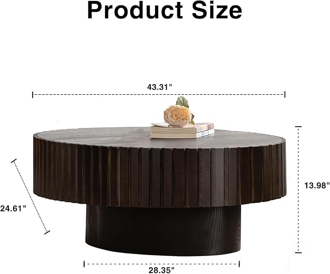43.31" Oval Drum Coffee Table, Modern Handcraft Fluted Drum Center Table, Wooden Oval Coffee Table Center Table with Sturdy Pedestal for Living Room Apartment (Walnut+Black)