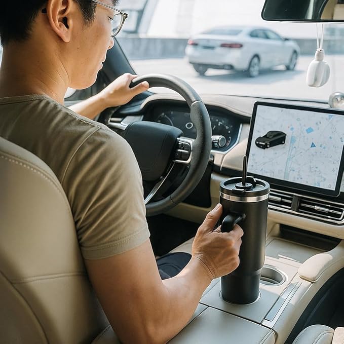 40oz Black Stainless Steel Tumbler with Handle & Straw Lid – Insulated Travel Mug for Hot & Cold Drinks – Gift for Men & Women – Durable Leak-Proof Reusable Cup, Cupholder Friendly