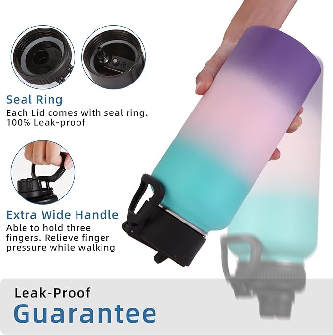 Volhoply 32oz Insulated Water Bottles Bulk 2 Pack with Straw Lid &Spout Lid,Stainless Steel Sports Water Bottle,Double Wall Vacuum Cups,Leakproof Wide Mouth Metal Flask for Travel(Gradient Color,2)