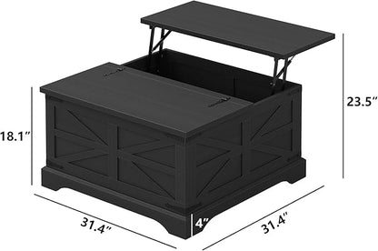 Furnideco Farmhouse Lift Top Coffee Table, Square Wood Center Table with Large Hidden Storage Compartment for Living Room, Rustic Cocktail Table with Hinged Lift Top for Home, Black
