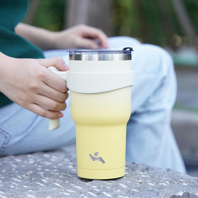 30 oz Tumbler with Handle and 2 Straw 2 Lid, Insulated Water Bottle Stainless Steel Vacuum Cup Reusable Travel Mug,Lemon