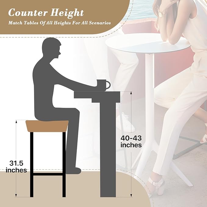 Athena Collection Counter Height Bar Stools Set of 2, 31.5 Inches Saddle Bar Stools with Leather Upholstered and Metal Legs, Backless Barstools for Counter, Kitchen Island, Dining Room, Brown