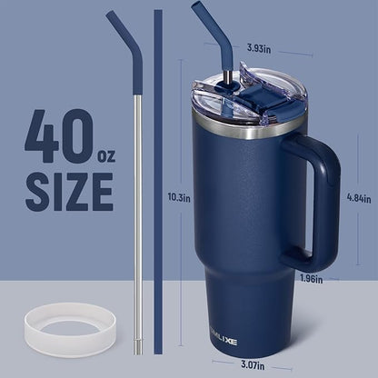 40 oz Tumbler with Handle and Straw Lid,Insulated Reusable Stainless Steel Water Bottle Travel Mug，Cupholder Friendly Double Wall Vacuum Sealed Cup (Navy)