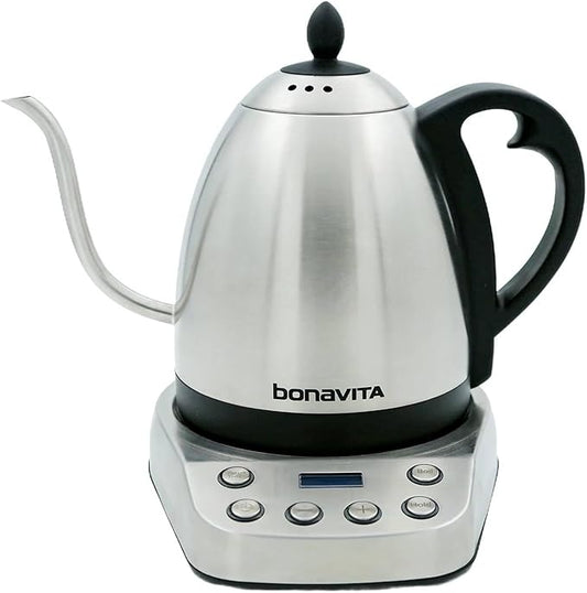 Bonavita Gooseneck Electric Kettle, Stainless Steel Water Boiler, Digital Variable Temp, Precise Pour Control, 6 Preset Temps for Pour-Over Coffee & Tea, Café, Home, 1 Liter, Stainless Steel Base