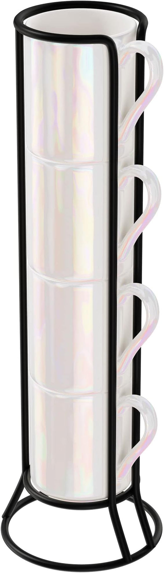 American Atelier Ceramic Mini Espresso Cups Set of 4, 3oz - Stackable Tiny Mugs for Small Shots of Coffee with Metal Stand - Use Demitasse Espresso Mug Racks for Any Kitchen or Café (Pearlized)