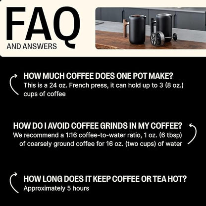 Fellow Clara French Press Coffee Maker - Portable Stainless Steel Coffee Press, Insulated Manual Brewer, Matte Black with Walnut, 24 oz Carafe