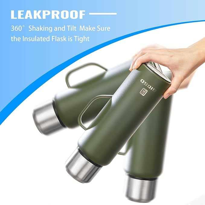 Insulated Vacuum Thermo Bottle 1000ml/33.8oz with Cup Stainless Steel Coffee Bottles for Hot and Cold Drink Water Flask.(Green, with Handle, 1000ml)