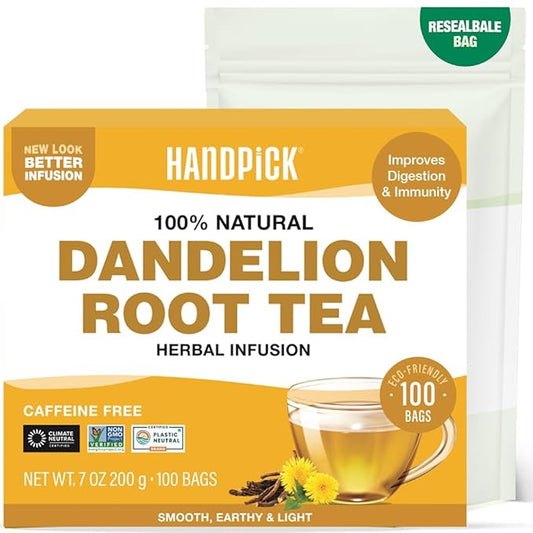HANDPICK - Dandelion Root Tea bags, 100 Teabags - Natural Dandelion Herbal Tea for Liver & Kidney Health - Non-GMO - Caffeine-free - Support Digestion & Boost Immune System