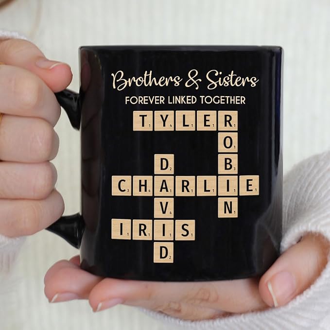 Family Puzzle Mug - Brothers & Sisters Forever Linked Together - Personalized For Family, Sister, Brother, Siblings - Scrabble Coffee Mug - Gifts For Christmas, Birthday, Anniversary