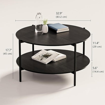 Round Coffee Table, 2-Tier 32.9" Circle Coffee Tables with Storage Wood Rustic Farmhouse Center Circular Coffee Table for Living Room Bedroom Balcony Office - Black