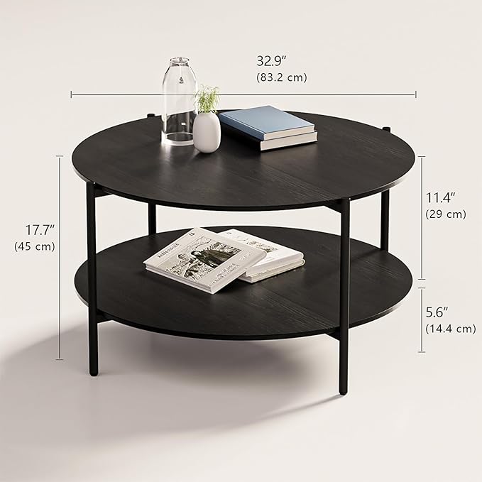 Round Coffee Table, 2-Tier 32.9" Circle Coffee Tables with Storage Wood Rustic Farmhouse Center Circular Coffee Table for Living Room Bedroom Balcony Office - Black