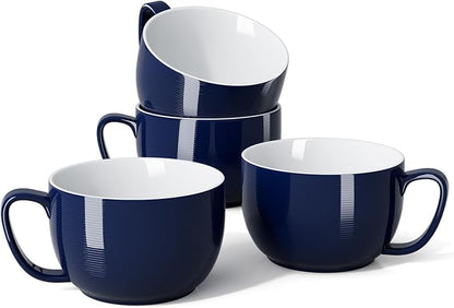 Teocera Porcelain Coffee Mugs, Soup Mugs Bowls with Handle, 24 oz Latte Mugs Set of 4 - Striped Design, Navy