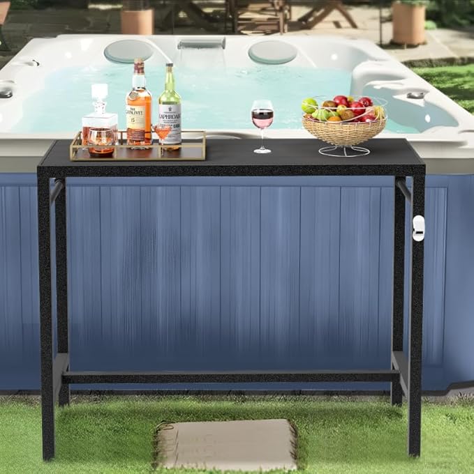 46*39*17 Outdoor Bar Table Extra Wide,Tall Bar Height Outdoor Pub Table, Ideal for Patio, Hot Tub, Dining, Balcony, Poolside, Weatherproof Composite Top, Rustproof, Built In Bottle Opener,Black