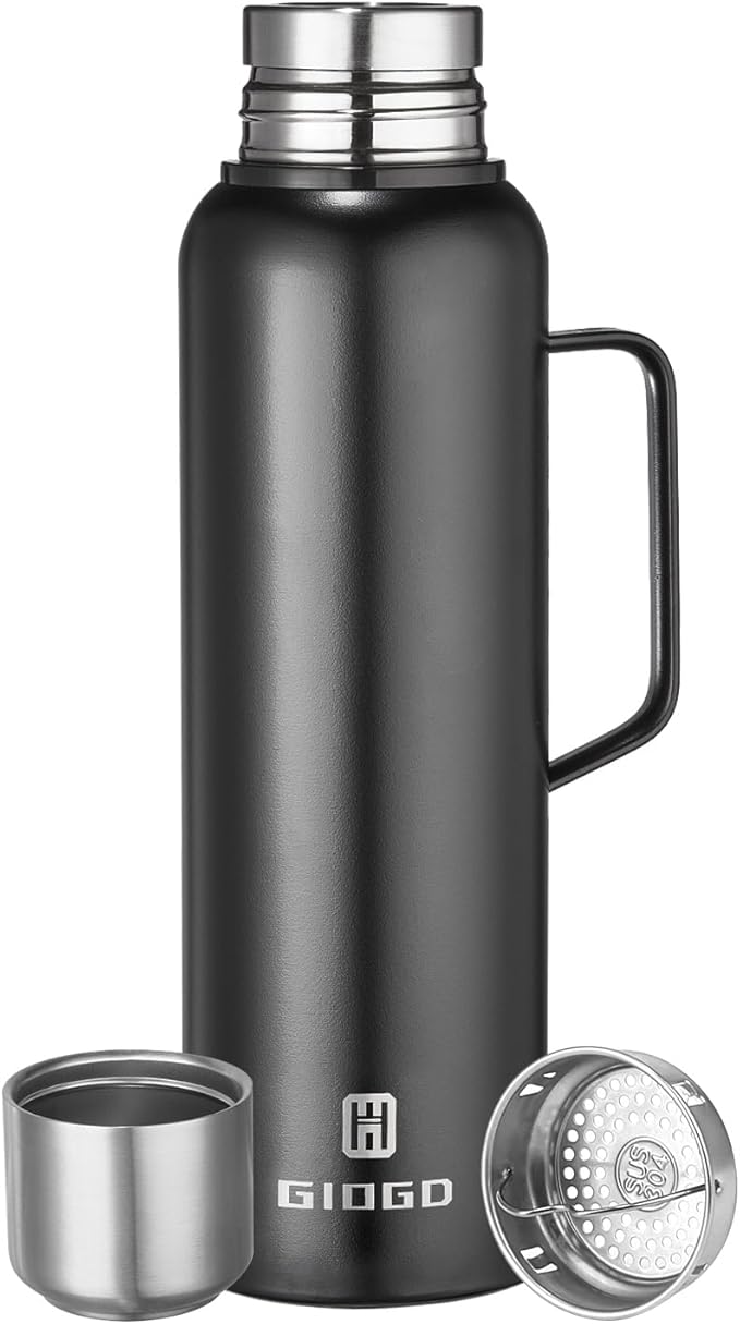 Insulated Vacuum Thermo Bottle 1500ml/50.7oz with Cup Stainless Steel Coffee Bottles for Hot and Cold Drink Water Flask.(Black, with Handle, 1500ml)