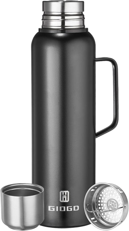 Insulated Vacuum Thermo Bottle 1500ml/50.7oz with Cup Stainless Steel Coffee Bottles for Hot and Cold Drink Water Flask.(Black, with Handle, 1500ml)
