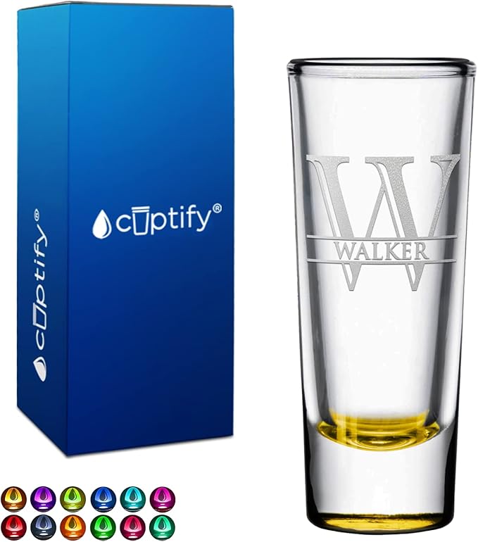 Personalized Shot Glass Yellow Bottom Custom 2 oz Cordial Shot Glasses Split Script Initial and Name for Gifts, Weddings, Birthdays, Party, Event, Decorations