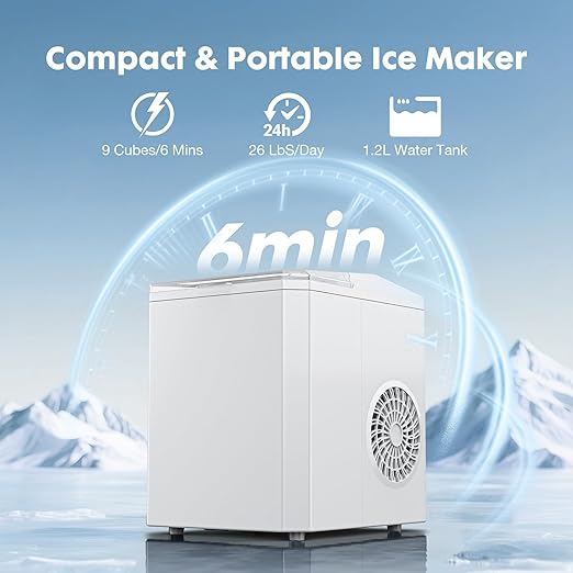 Sweetcrispy Countertop Ice Maker - 9 Cubes in 6 Mins, 26lbs/24Hrs, 2-Size Bullet Ice, Self-Cleaning Portable Ice Machine with Quiet Operation for Home Office Camping, White