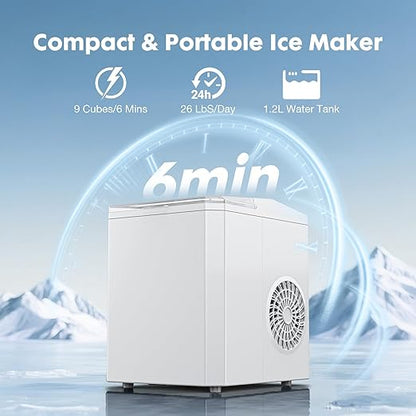 Sweetcrispy Countertop Ice Maker - 9 Cubes in 6 Mins, 26lbs/24Hrs, 2-Size Bullet Ice, Self-Cleaning Portable Ice Machine with Quiet Operation for Home Office Camping, White