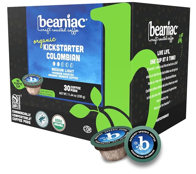 beaniac Organic Kickstarter Colombian, Medium Light Roast, Single Serve Compostable K Cup Coffee Pods, Organic Arabica Coffee, Keurig Brewer Compatible, 30 Count