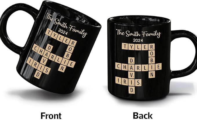 Family Forever Linked Together Custom Names Ceramic Mug, Crossword Puzzle Art, for Birthday, Anniversary or Special Occasions (Family Forever Linked Together Black Mug)