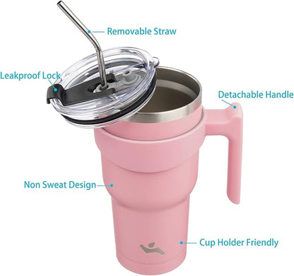 30 oz Tumbler with Handle and 2 Straw 2 Lid, Insulated Water Bottle Stainless Steel Vacuum Cup Reusable Travel Mug, Light Pink