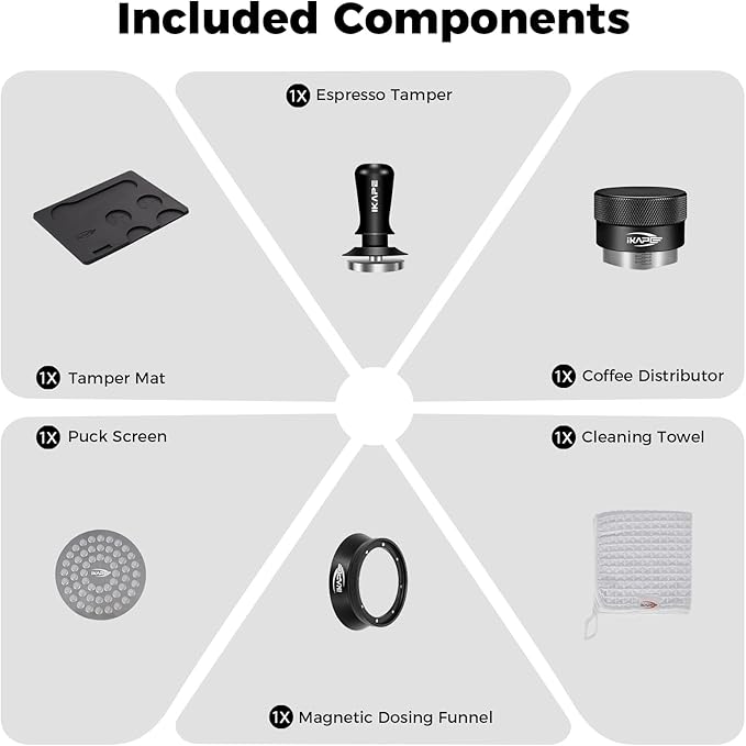 IKAPE 51MM Espresso Tamper Kit Black 6 IN 1, Espresso Accessories Kit Featuring Coffee Tamper, Distributor, Magnetic Dosing Funnel, Silicone Mat, Puck Screen, Cleaning Towel