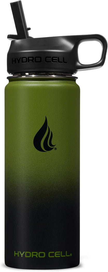 HYDRO CELL Stainless Steel Insulated Water Bottle with Straw - For Cold & Hot Drinks - Metal Vacuum Flask with Screw Cap and Modern Leakproof Sport Thermos for Adults (Army/Black 18oz)